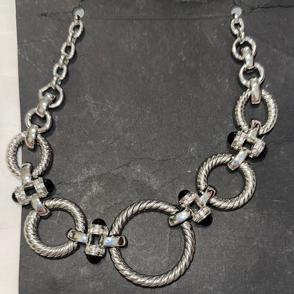 White House Black Market Silver Tone Pave Crystal Black Bead Statement Necklace